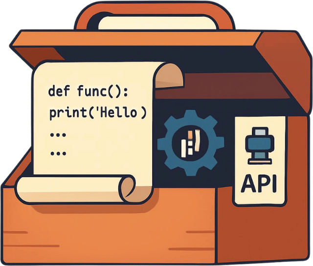 エンジニアの道具箱とPythonコードのイラスト。実務自動化と標準化のイメージ。