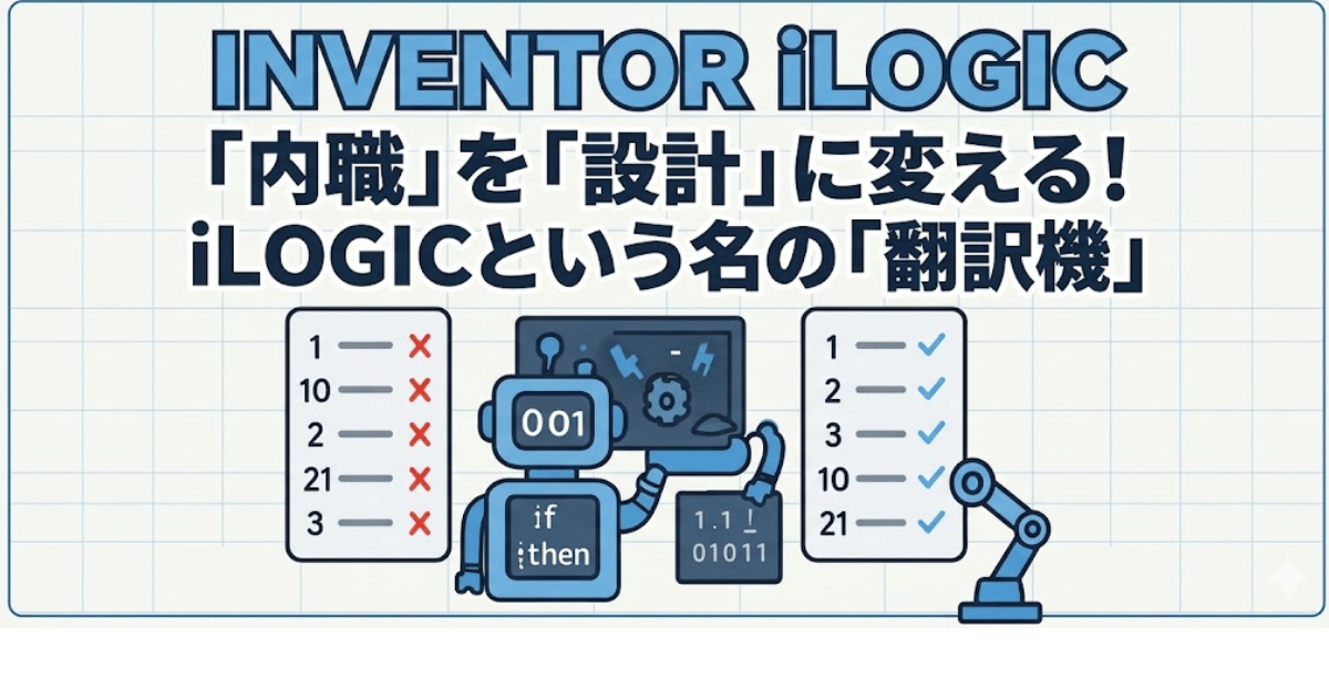 Autodesk InventorのiLogicによる部品表ソートの自動化イメージ。バラバラな図面番号のリストが、ロボット（翻訳機）を介して正しく整列される様子を描いたイラスト