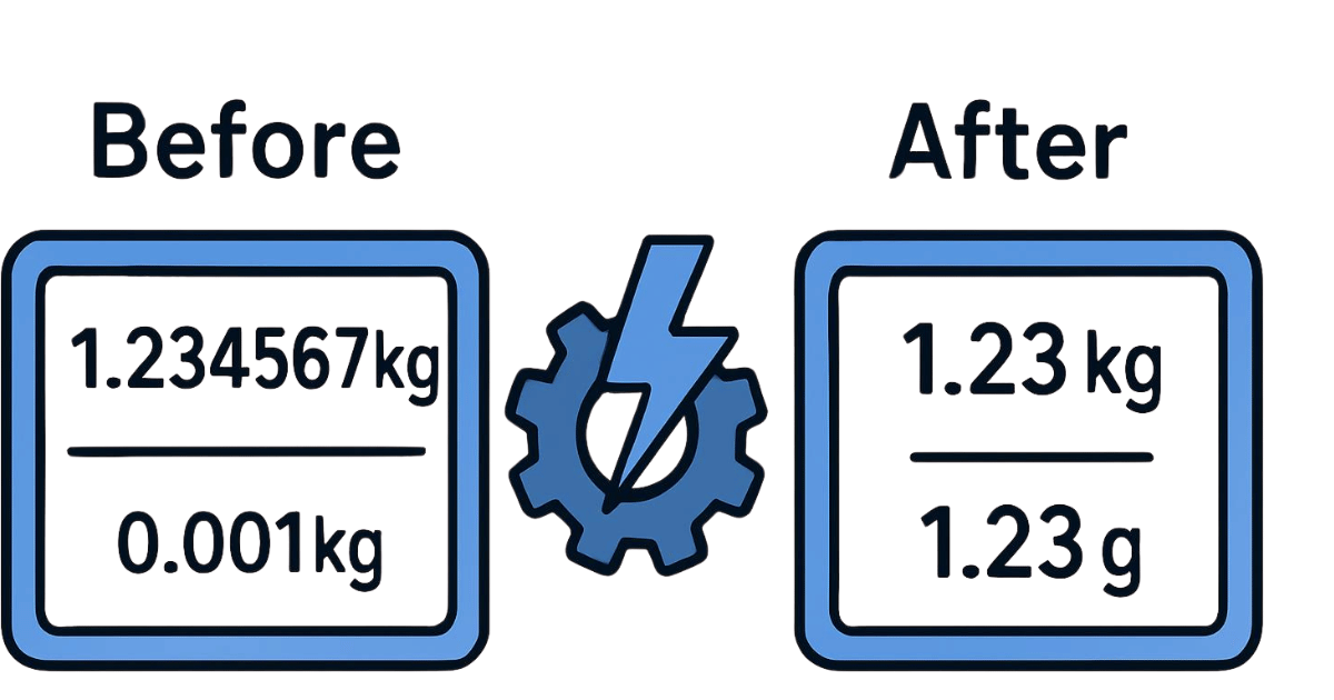 Autodesk InventorのiLogicによる質量表示自動化。小数点以下の長い数値を有効桁数3桁に丸め、パーツの重さに応じて単位をg（グラム）とkg（キログラム）で自動選択して表記するBefore/Afterの比較イラスト