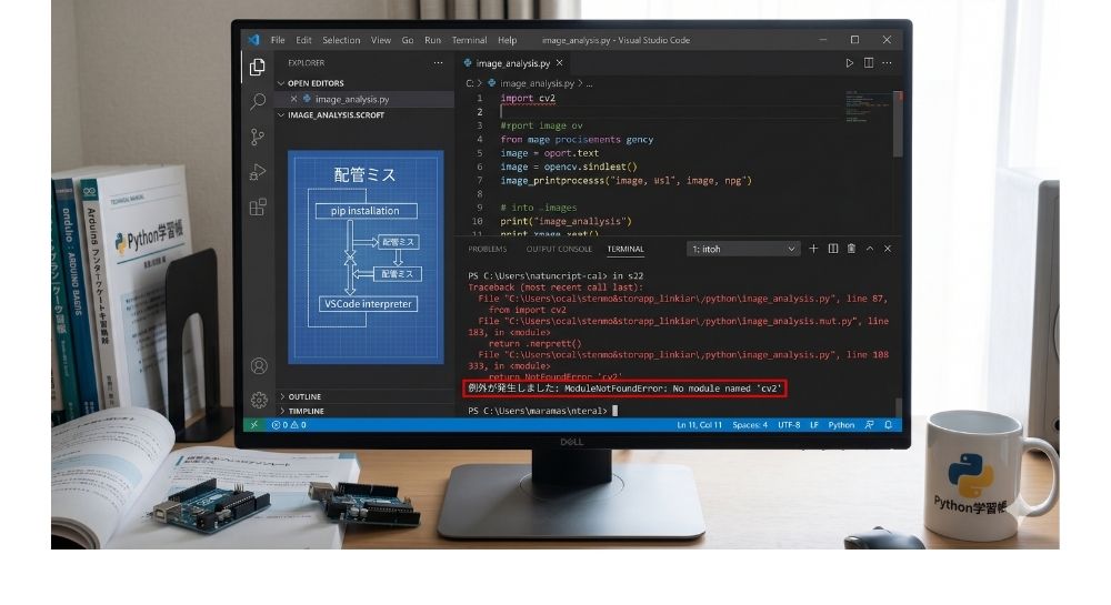 VSCodeでPythonのOpenCV（cv2）を実行した際に発生したModuleNotFoundErrorのエラー画面と配管ミスの解説イメージ